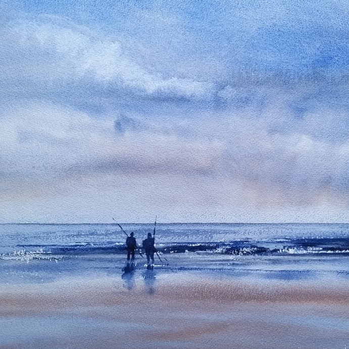 Painting of two men fishing on the beach