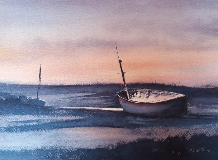 Painting of a boat at sunset