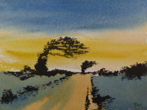 Painting of windswept trees