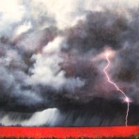 painting of lightning over a poppy field
