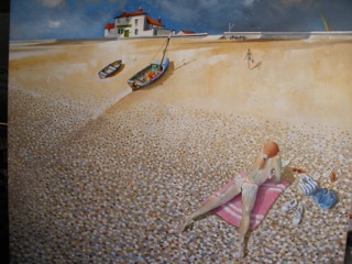 Painting of sunbathing on Chesil Beach